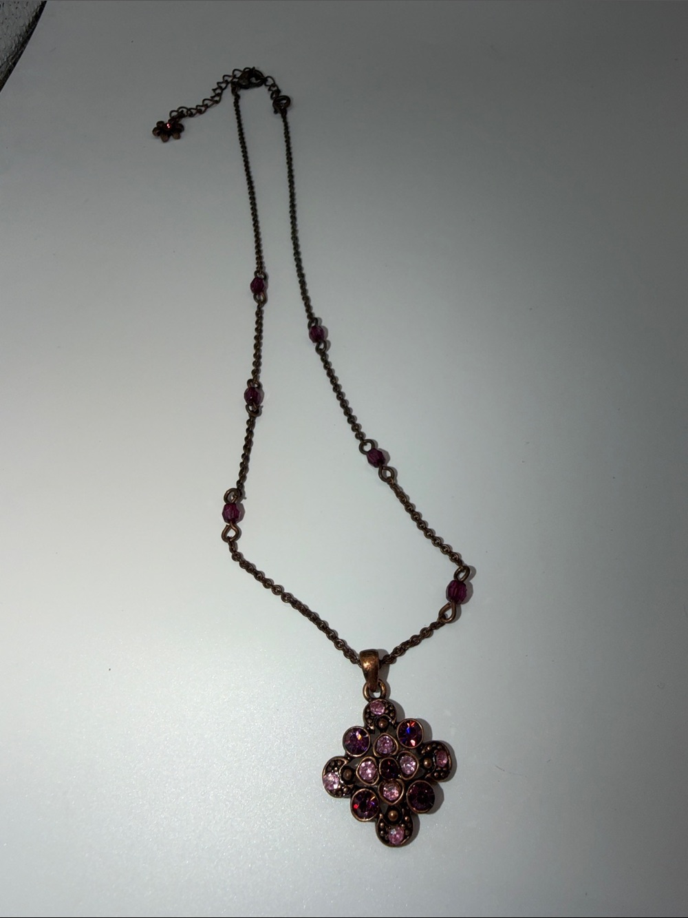 V&R Pink Purple Rhinestone Pendant Necklace Antiqued Copper Tone